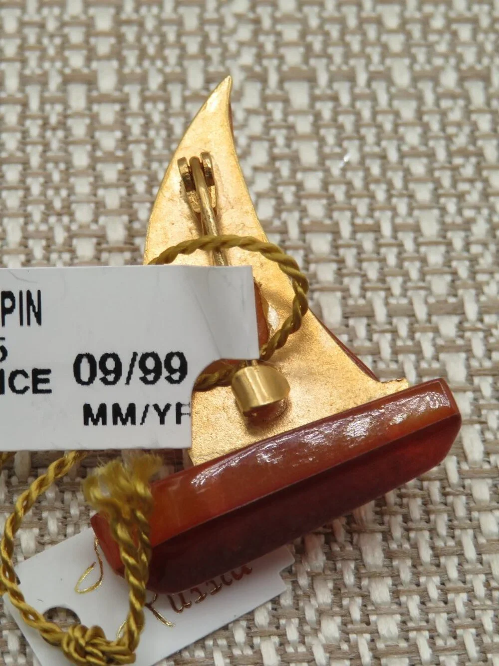 Vintage Russian Amber Sailboat Gold Tone Brooch